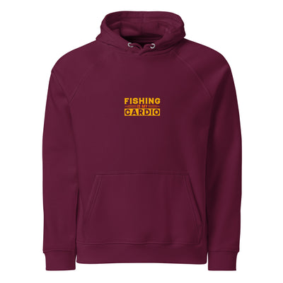 Maroon hoodie with yellow text 'Fishing is my Cardio' on a white background