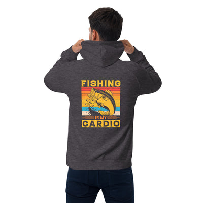Person wearing a hoodie with 'Fishing is my Cardio' design on the back