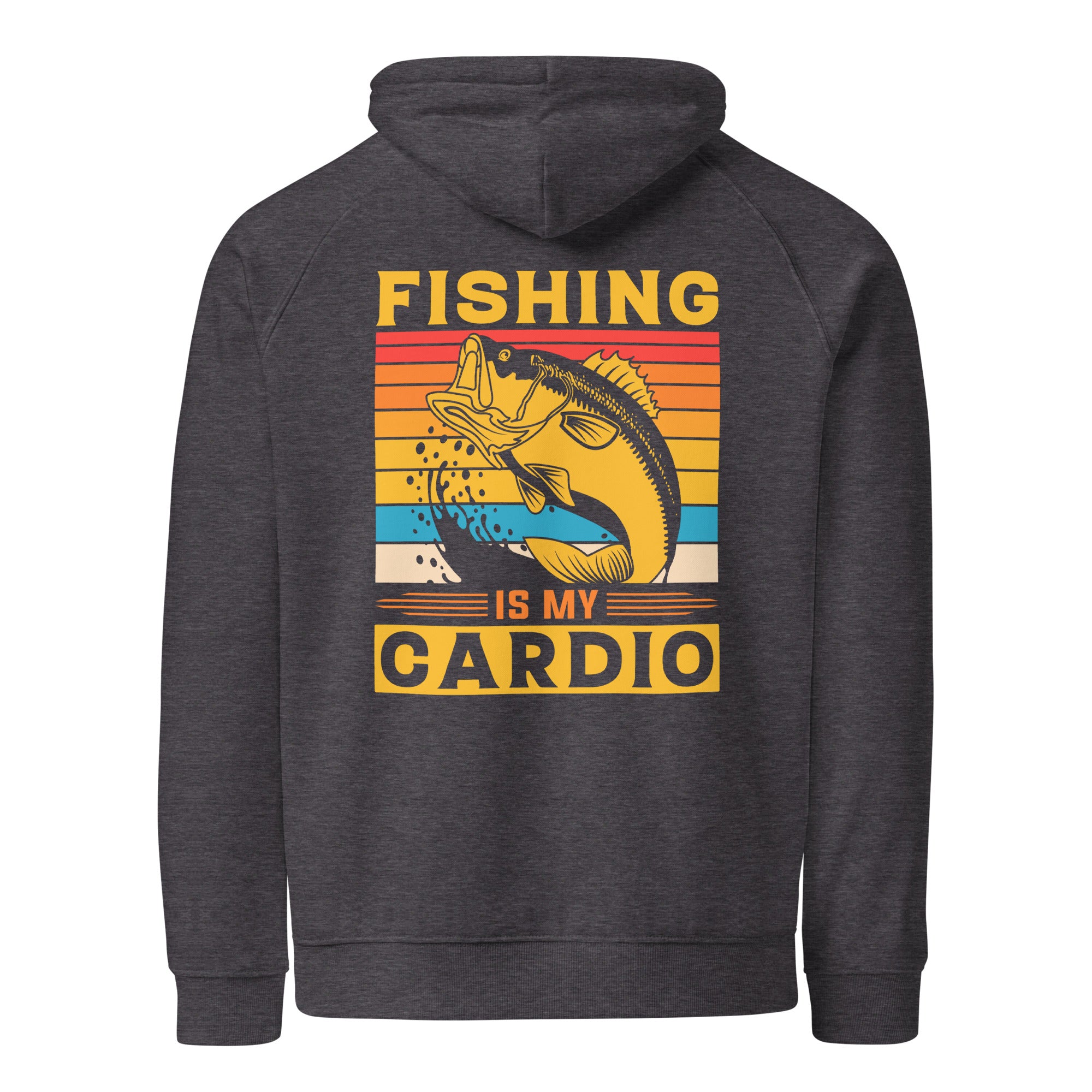 Dark grey hoodie with a colourful graphic on the back featuring a fish and text 'Fishing is my Cardio' on a white background.