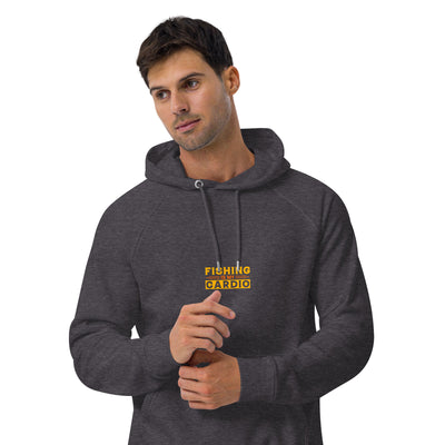 Man wearing a dark gray hoodie with yellow text on a white background