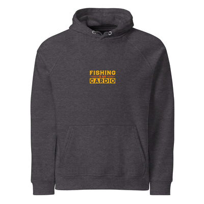 Dark gray hoodie with yellow text on a white background