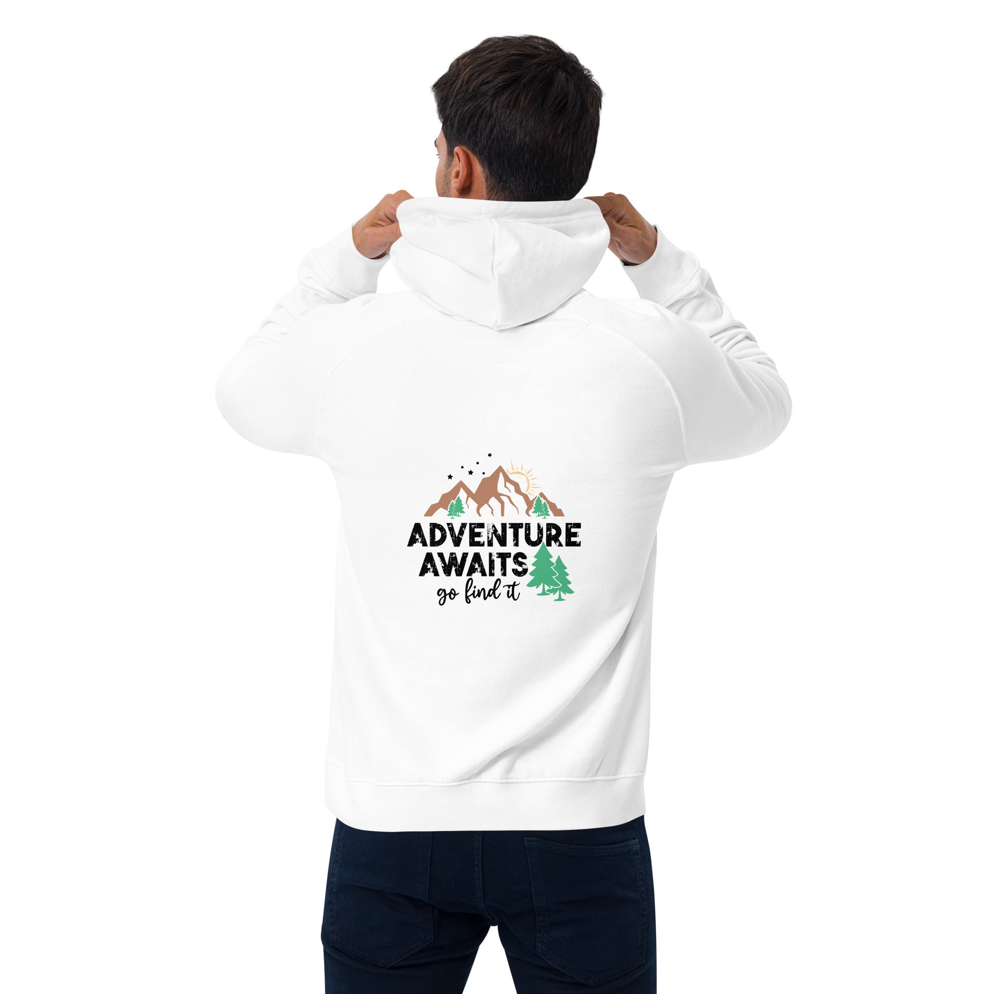 Person wearing a white hoodie with 'Adventure Awaits' text on the back, against a white background