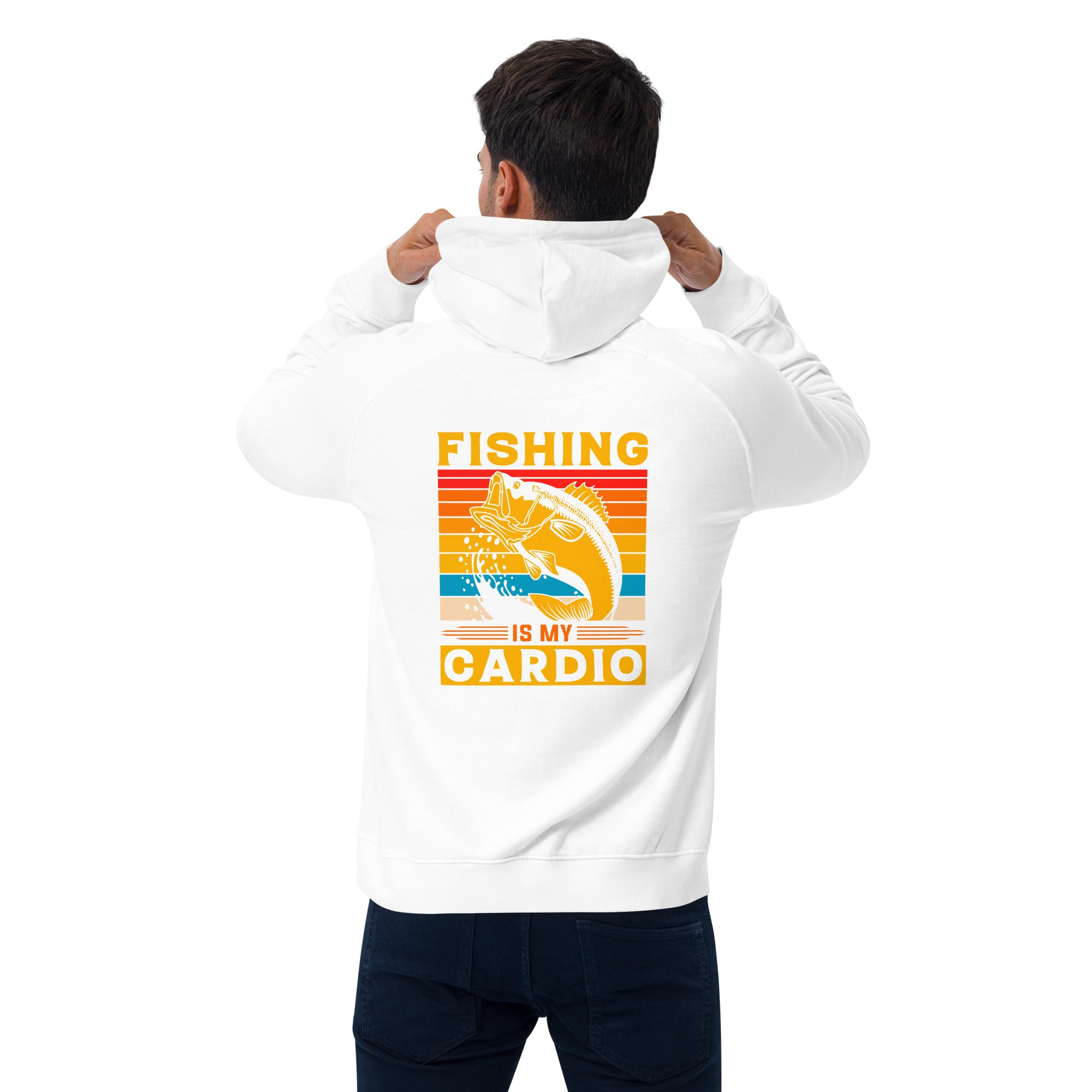 Person wearing a white hoodie with 'Fishing is my Cardio' design on the back.