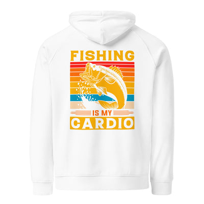 White hoodie with 'Fishing is my Cardio' graphic on a white background