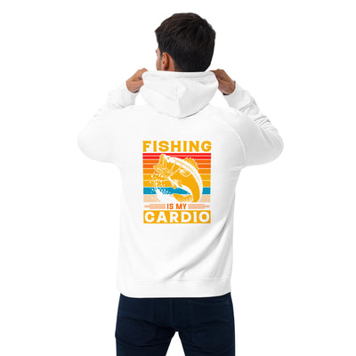 Person wearing a white hoodie with 'Fishing is my Cardio' design on the back.