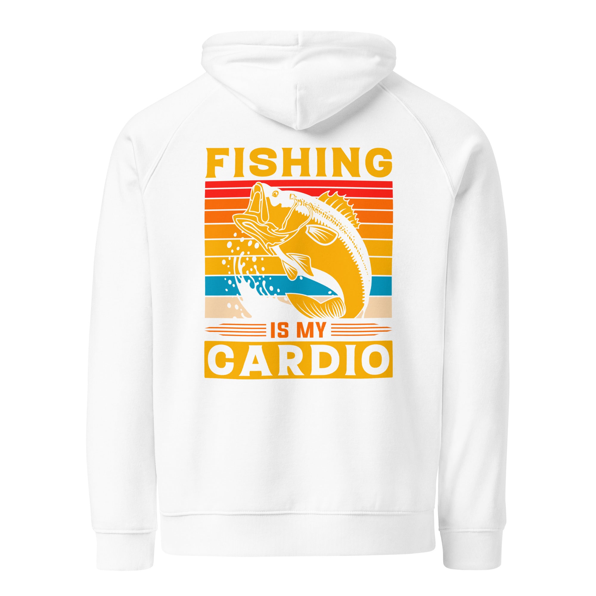 White hoodie with fishing graphic and text 'Fishing is my cardio' on a white background