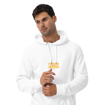 Man wearing a white hoodie with 'Fishing is my Cardio' text on a white background