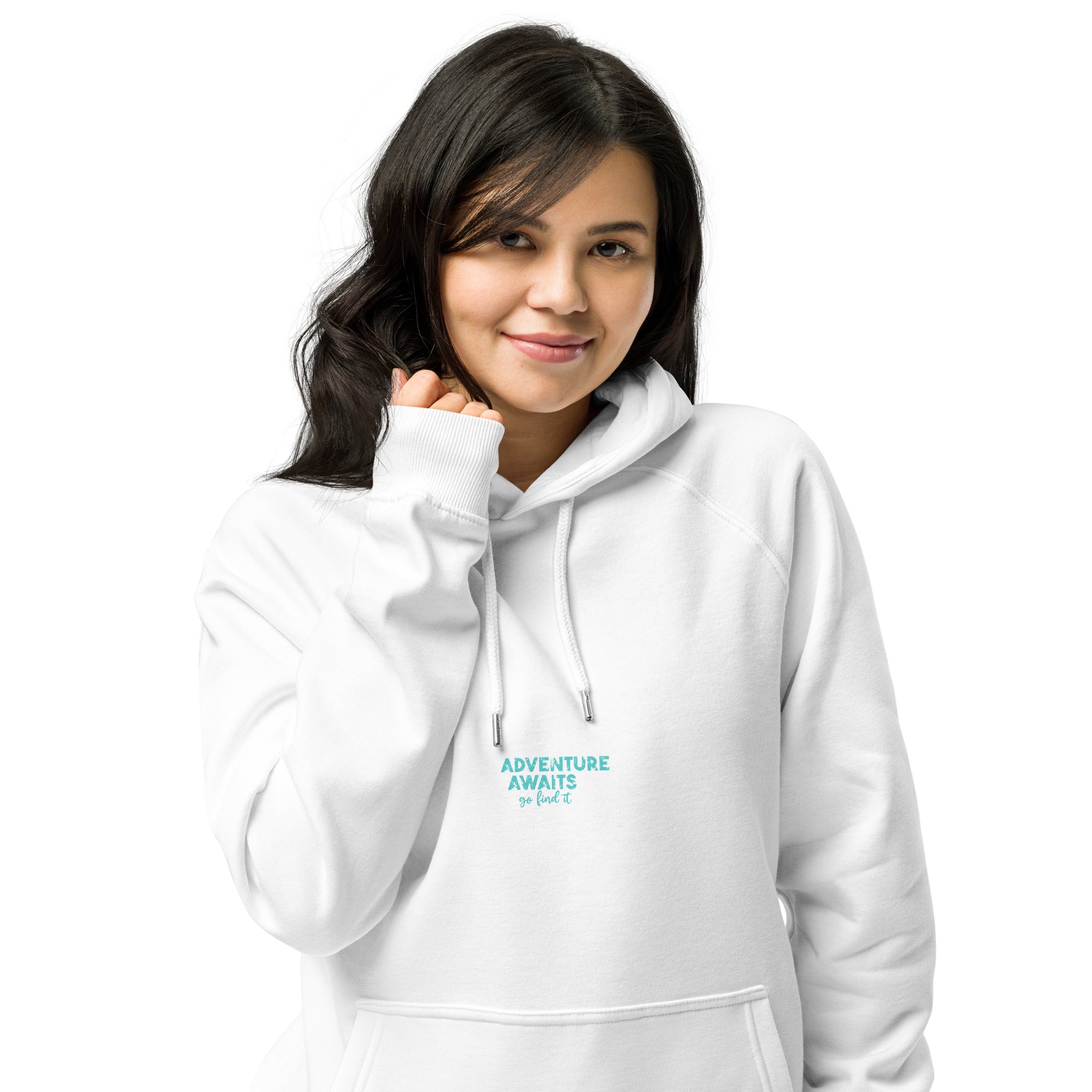 Person wearing a white hoodie with text 'Adventure awaits' on a white background