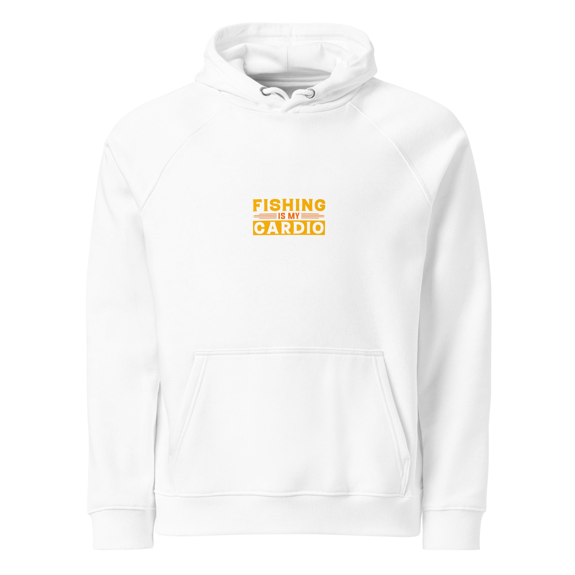 White hoodie with yellow text 'Fishing is my Cardio' on a white background