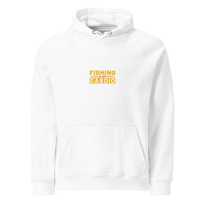 White hoodie with yellow text 'Fishing is my Cardio' on a white background