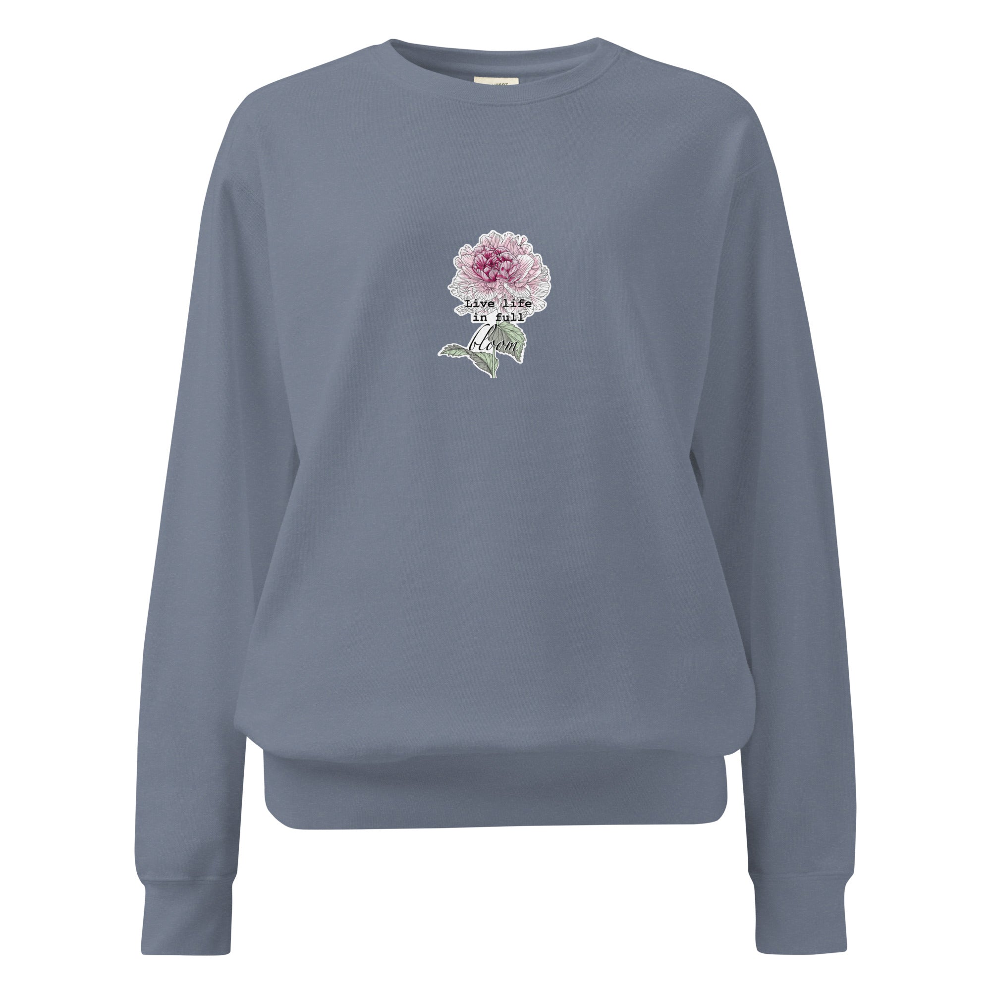 Gray sweatshirt with a floral design and text on a white background