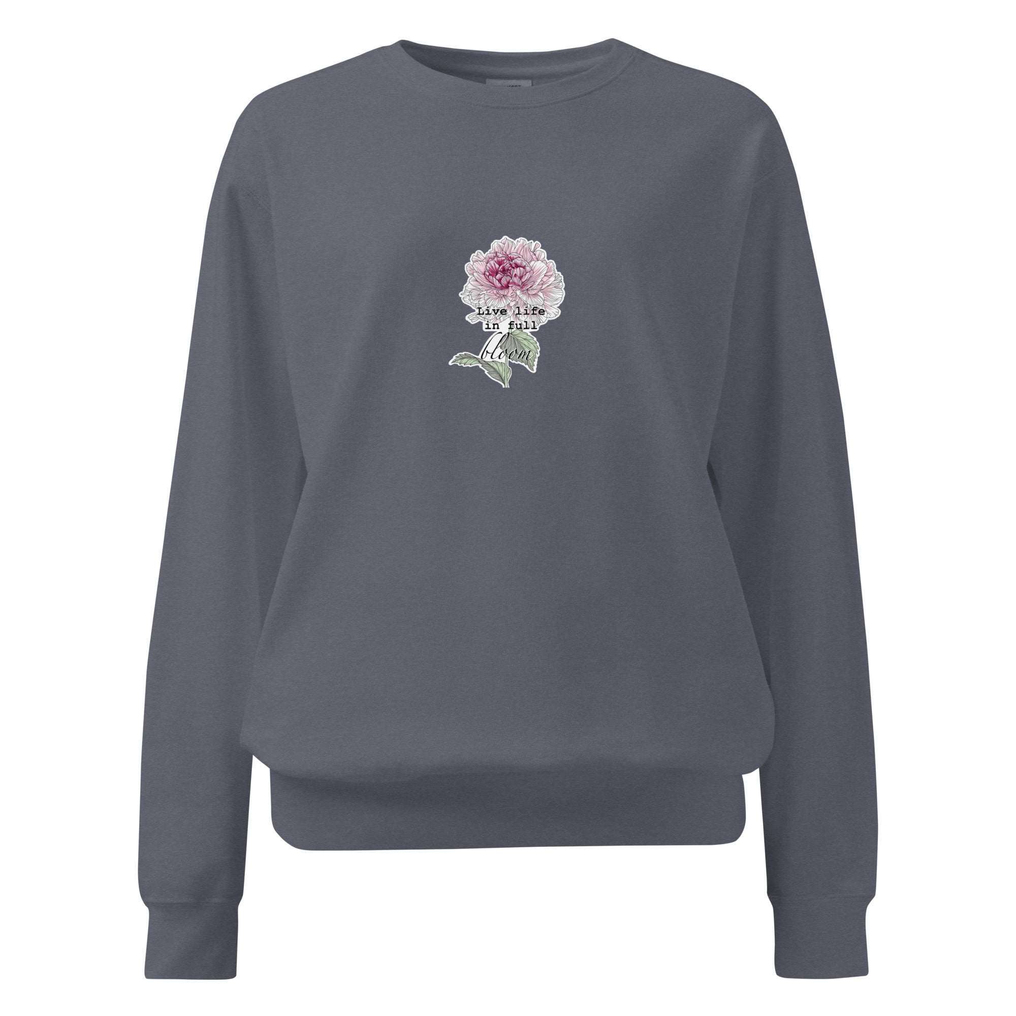 Gray sweatshirt with a floral design and text on a white background