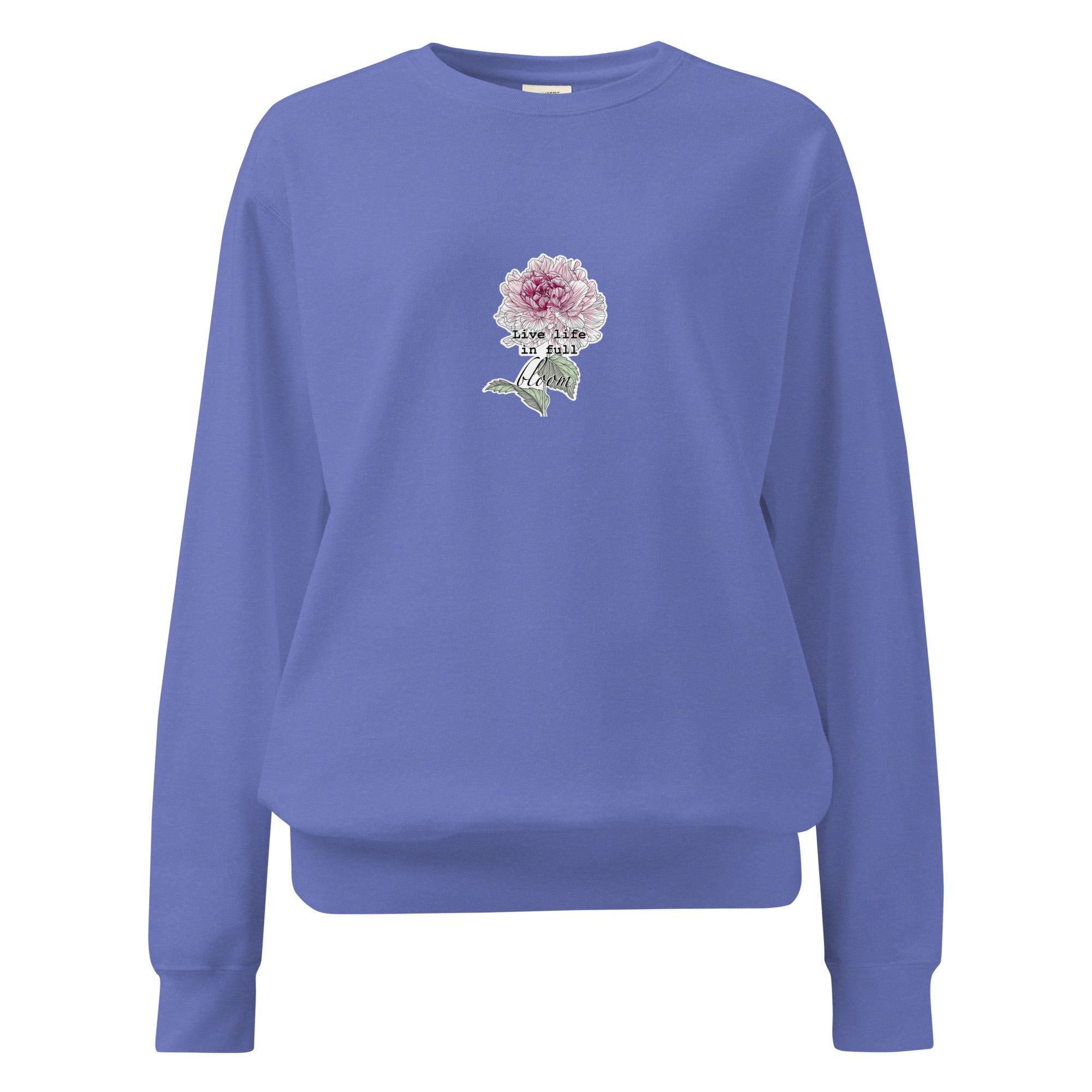 Blue sweatshirt with a floral design and text on a white background