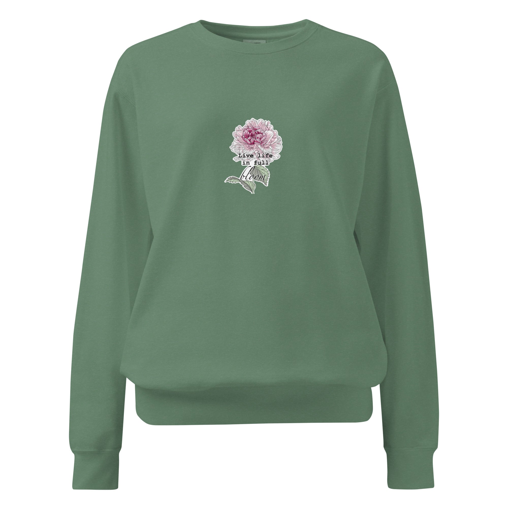 Green sweatshirt with a floral design and text on a white background