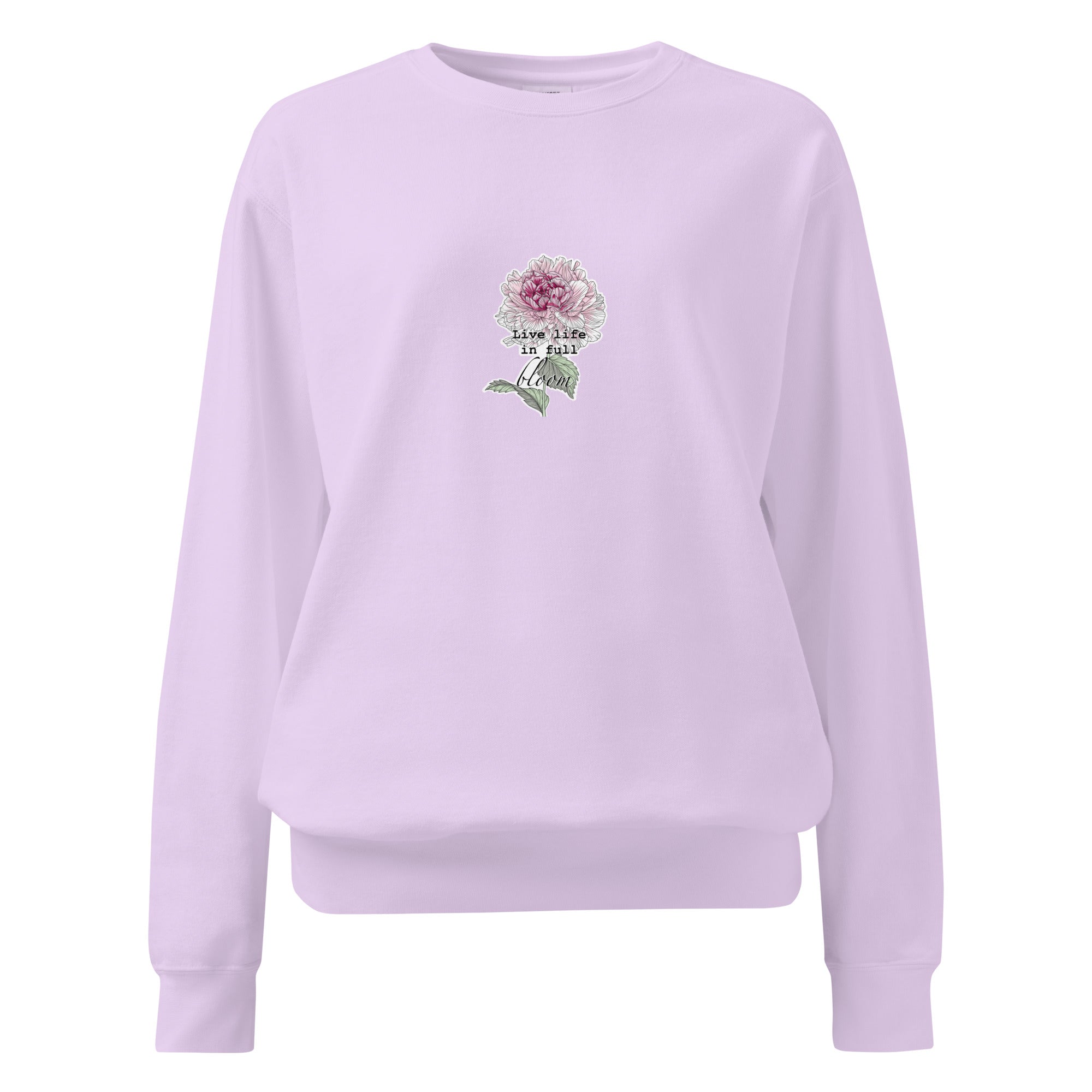 Lavender sweatshirt with floral design and text on a white background
