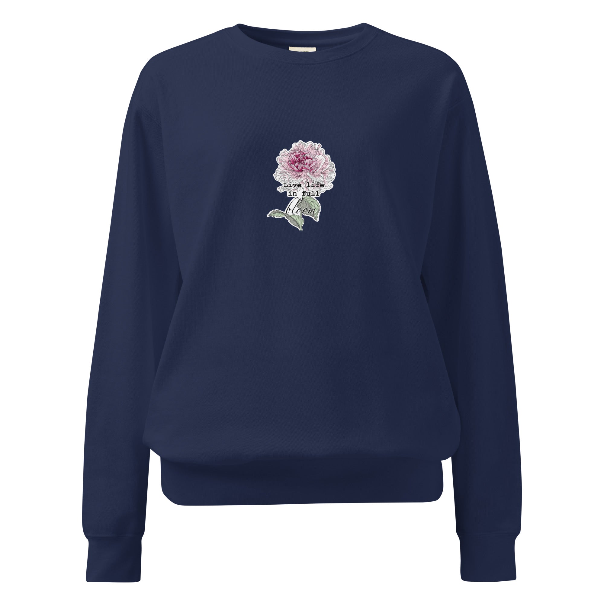 Navy blue sweatshirt with a floral design on a white background