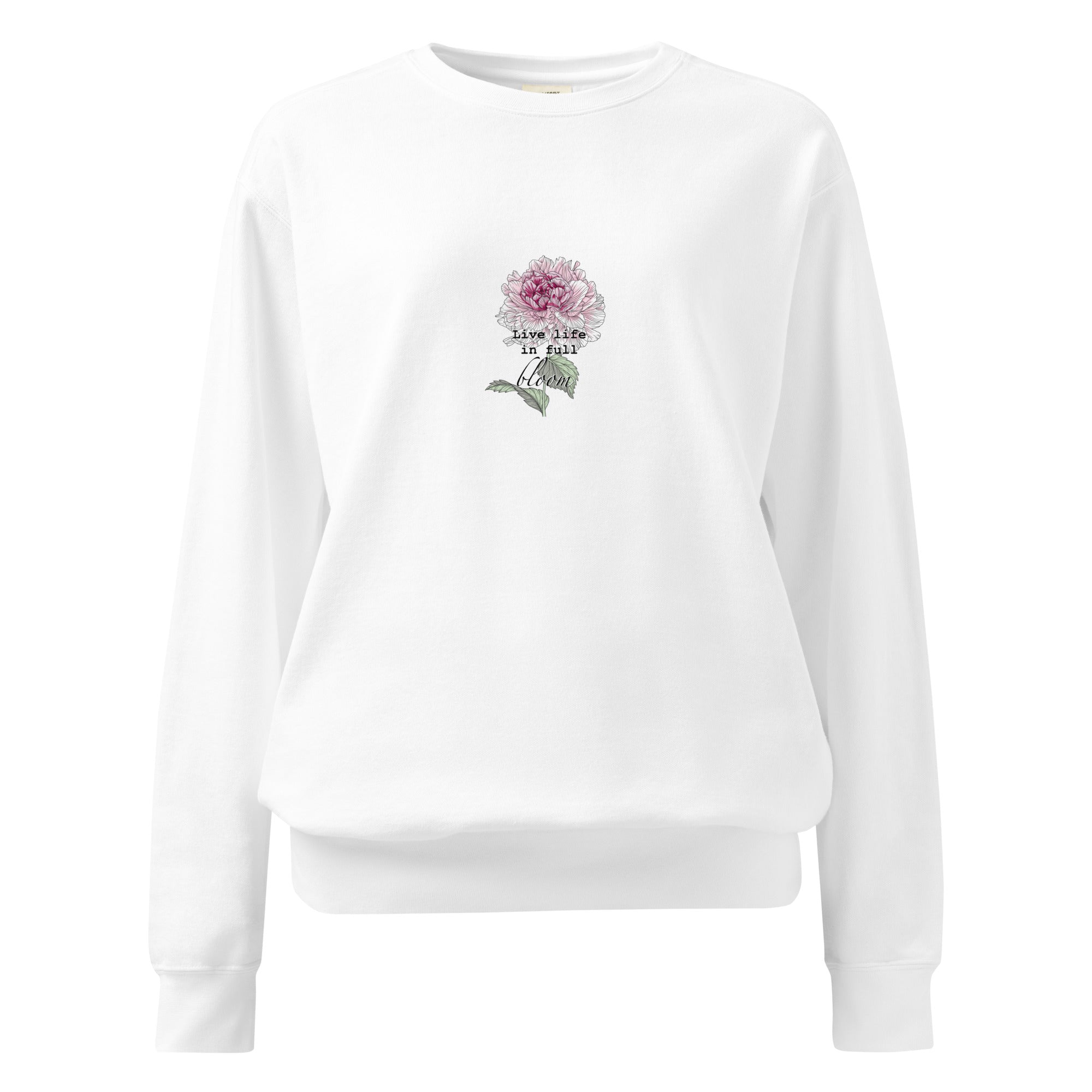 White sweatshirt with floral design and text on a white background