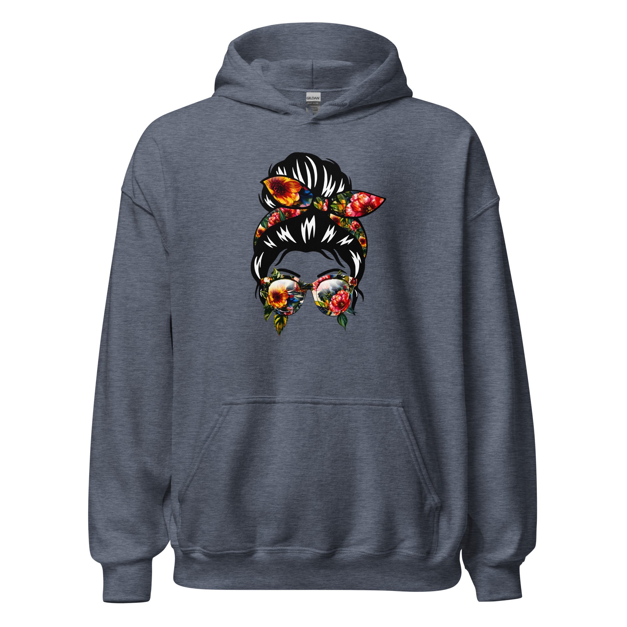 Gray hoodie with a colorful graphic of a woman's head on a white background