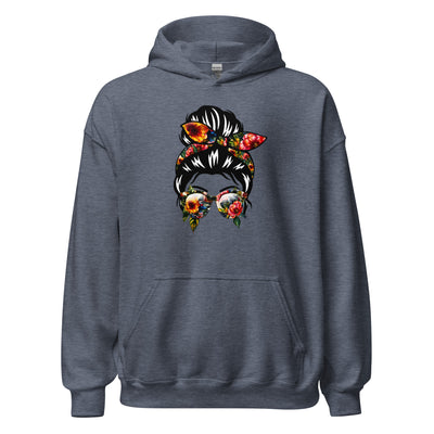 Gray hoodie with a colorful graphic of a woman's head on a white background