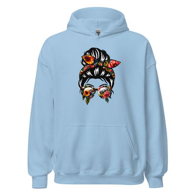 Light blue hoodie with a colorful graphic of a woman's head and sunglasses on a white background