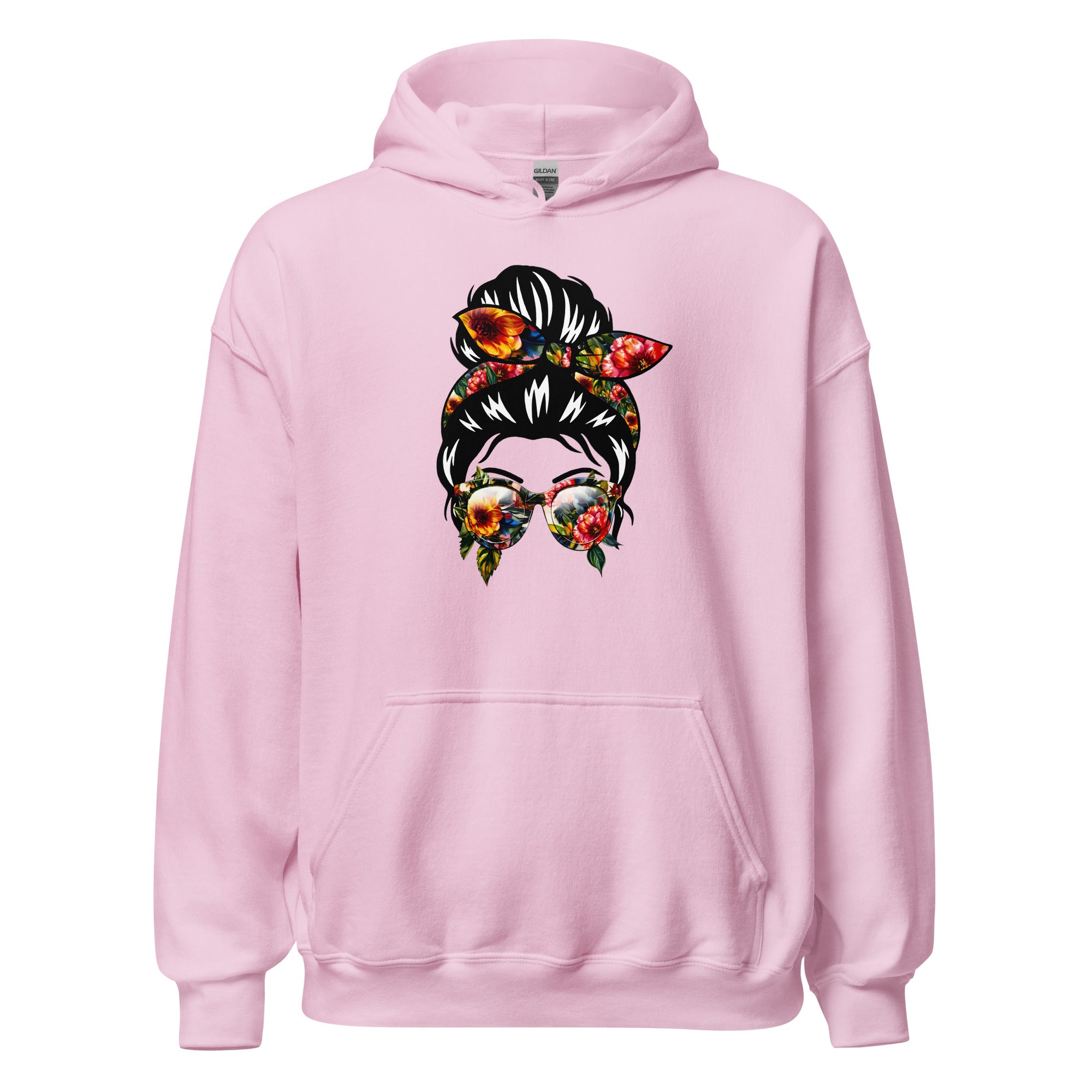 Pink hoodie with a colorful graphic of a woman's face on a white background