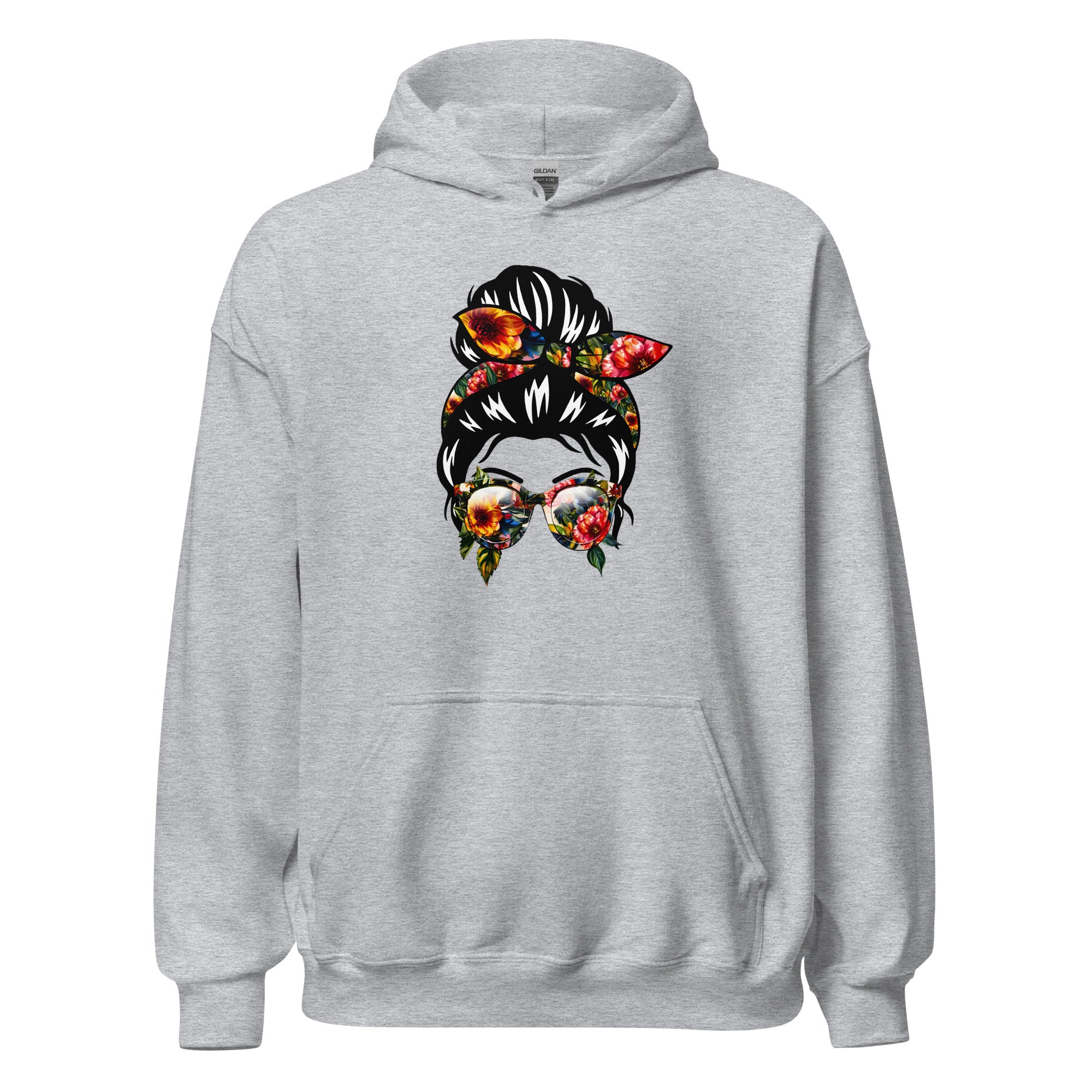 Gray hoodie with a colorful graphic of a woman's face wearing sunglasses and a headband on a white background.