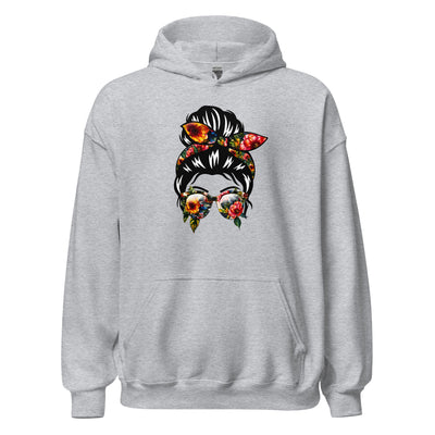 Gray hoodie with a colorful graphic of a woman's face wearing sunglasses and a headband on a white background.