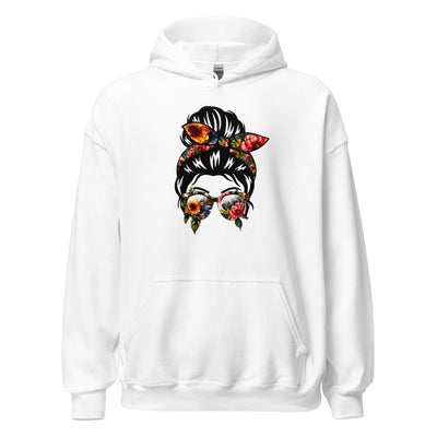 White hoodie with a colorful graphic of a woman's head on a white background