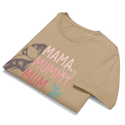 Folded khaki t-shirt with 'MAMA MUMMY MUM' text and graphics on a white background