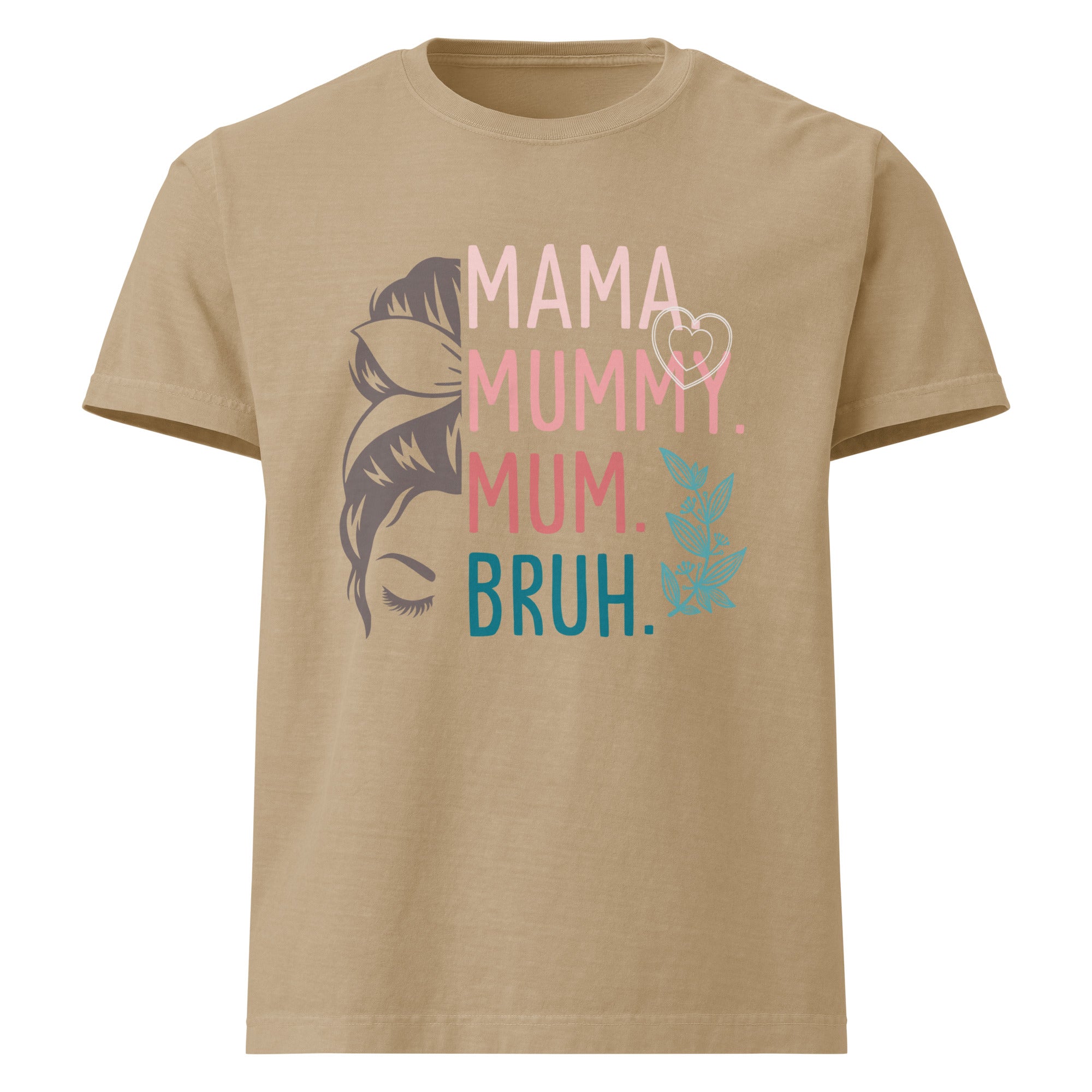 Khaki t-shirt with colourful text and graphic on a white background