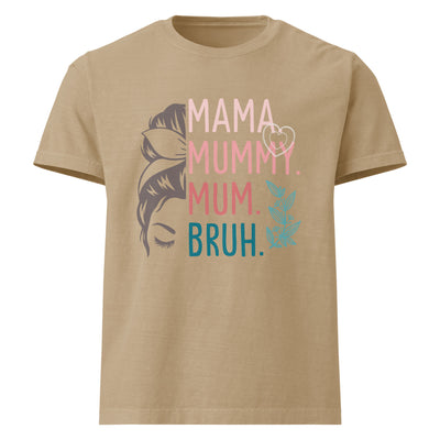 Khaki t-shirt with colourful text and graphic on a white background