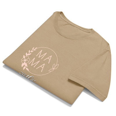 Khaki folded t-shirt with 'MAMA' text and floral design on a white background