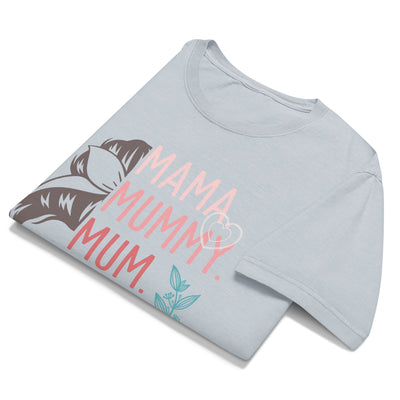 Folded light blue t-shirt with 'MAMA MUMMY MUM' text on a white background
