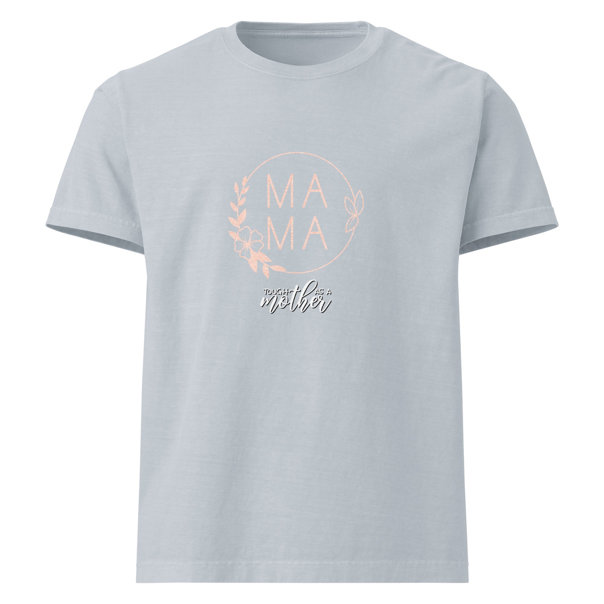 Light blue t-shirt with 'MAMA' text and floral design on a white background