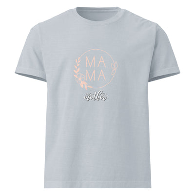 Light blue t-shirt with 'MAMA' text and floral design on a white background