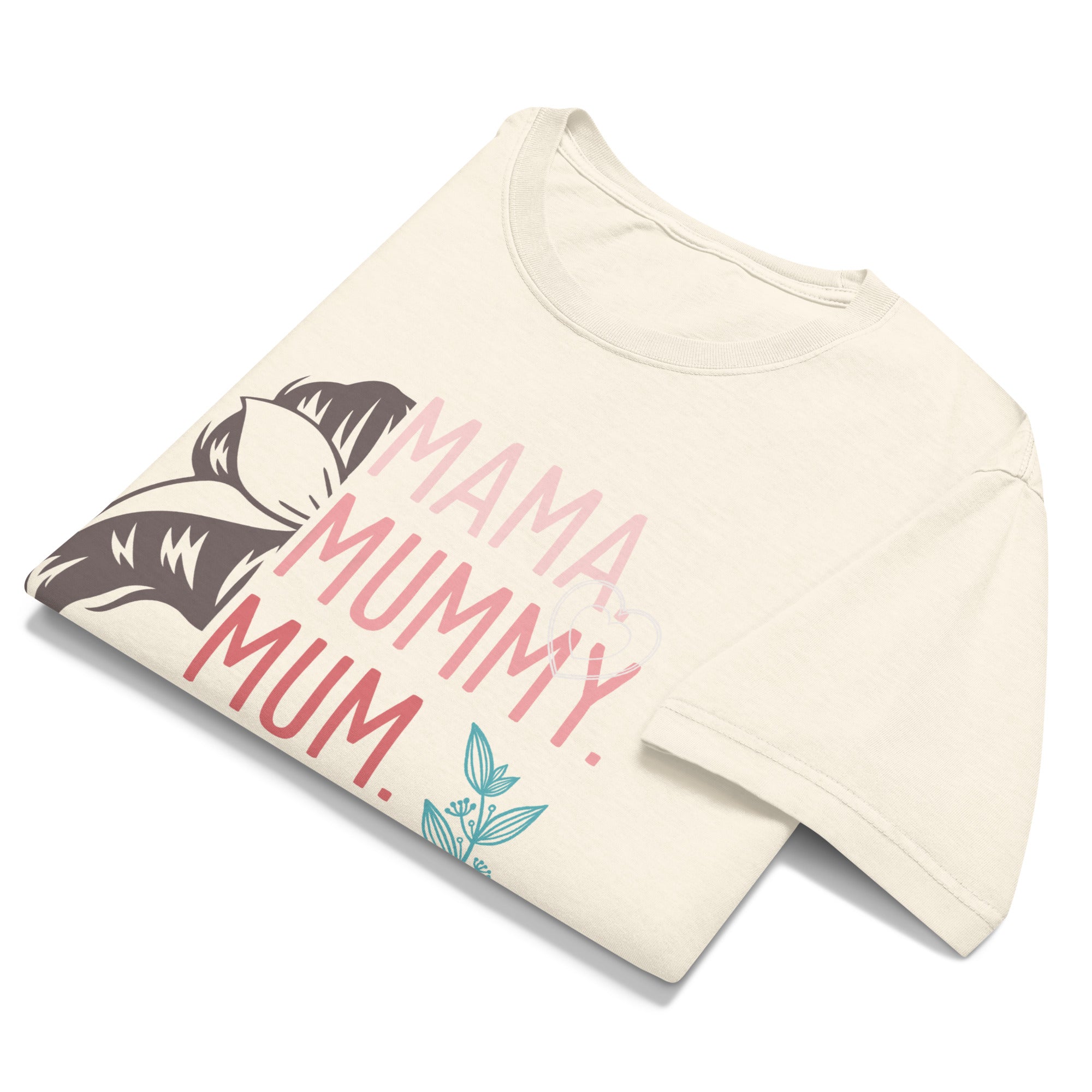 Folded vintage white t-shirt with 'MAMA, MUMMY, MUM BRUH' text and graphic on a white background
