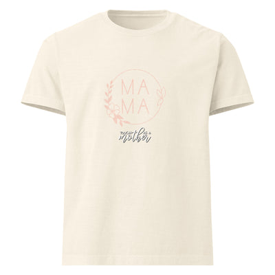 Vintage white t-shirt with 'MAMA' text and floral design on a white background