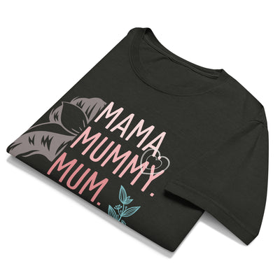 Folded black t-shirt with 'Mama Mummy Mum Bruh' text and floral design on a white background
