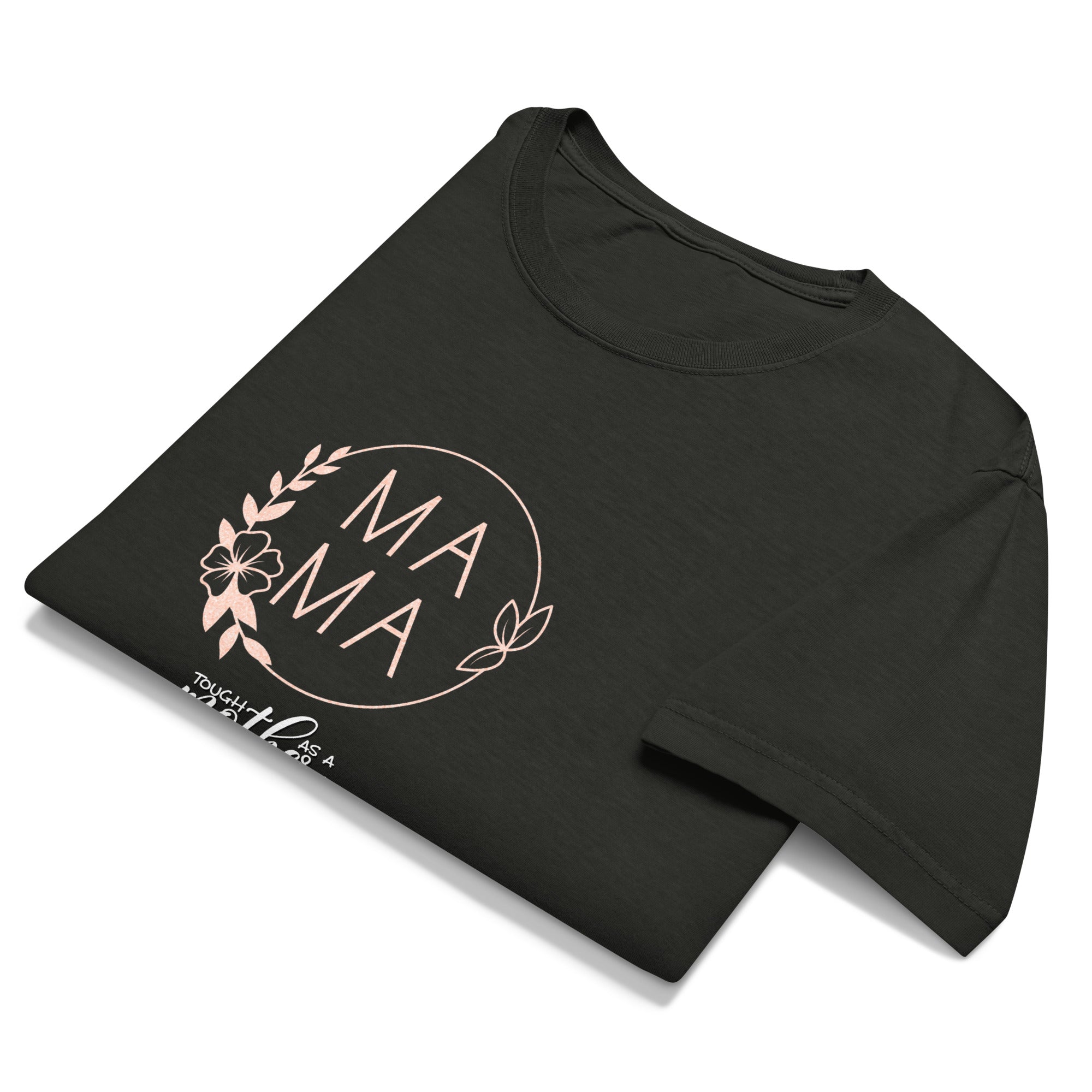 Folded black t-shirt with 'MAMA' design on a white background