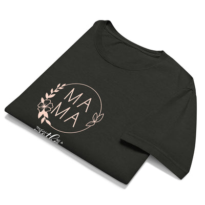 Folded black t-shirt with 'MAMA' design on a white background