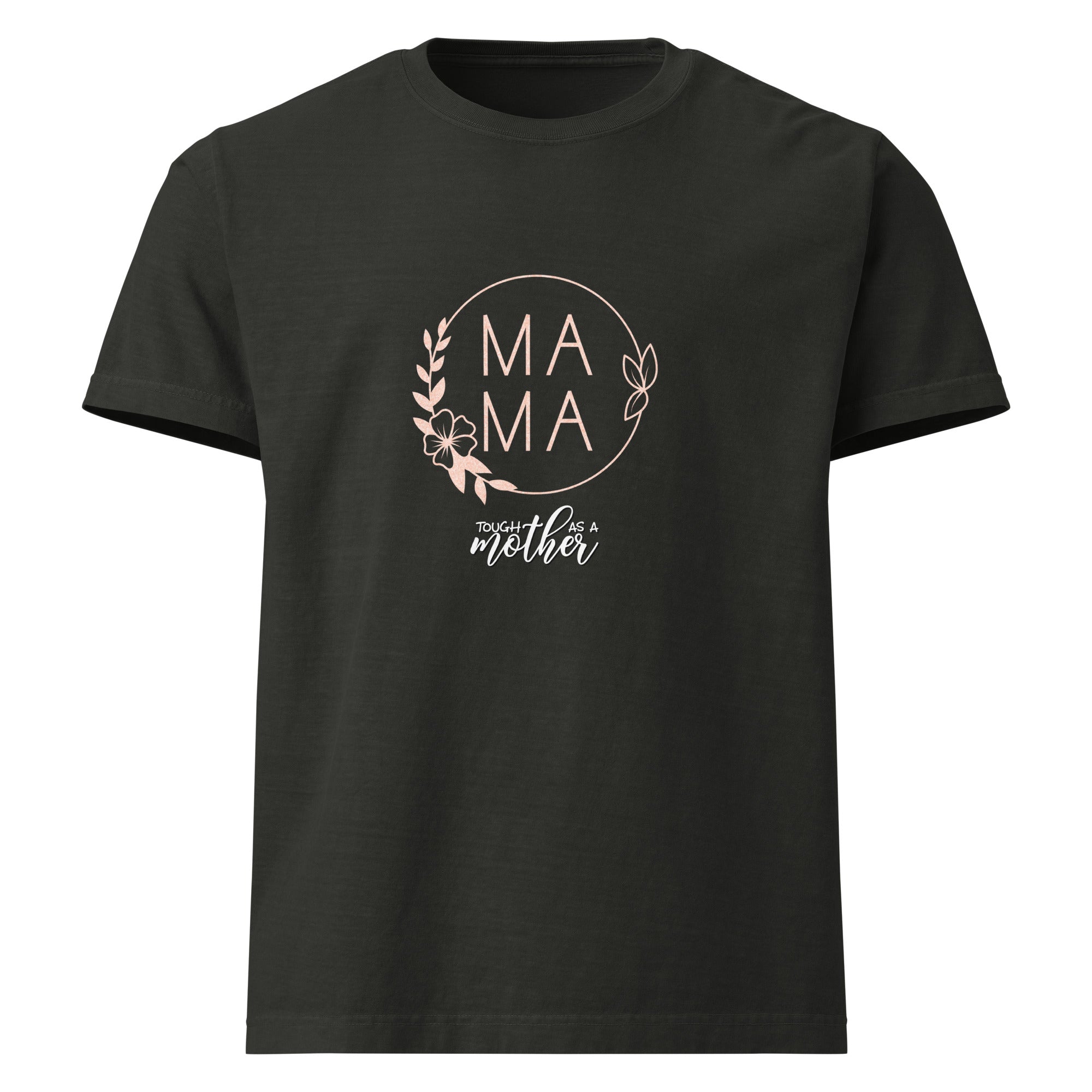 Black t-shirt with 'MAMA' text and floral design on a white background