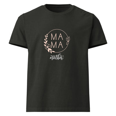 Black t-shirt with 'MAMA' text and floral design on a white background