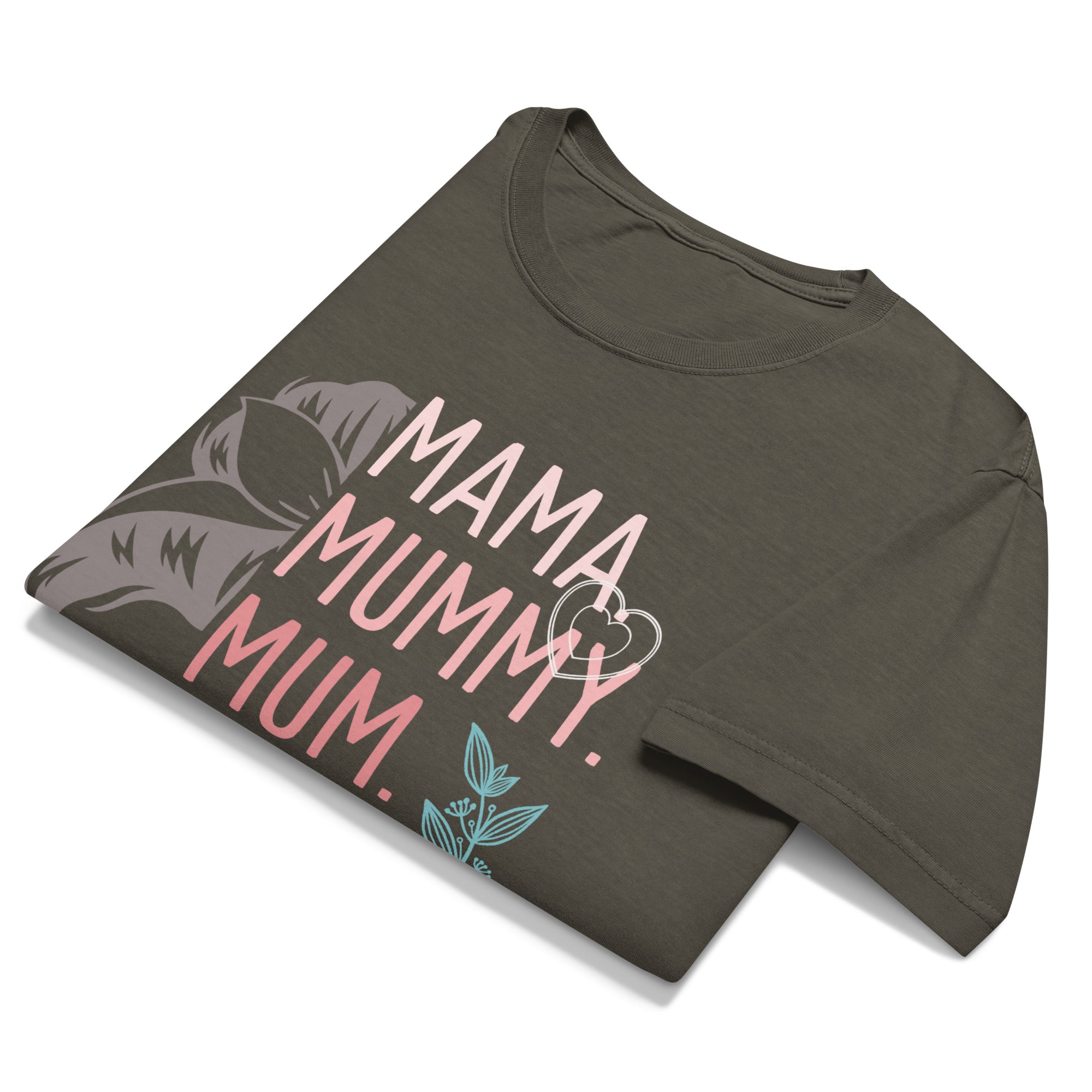 Folded dark green t-shirt with 'Mama Mummy Mum' text and shark graphic on a white background