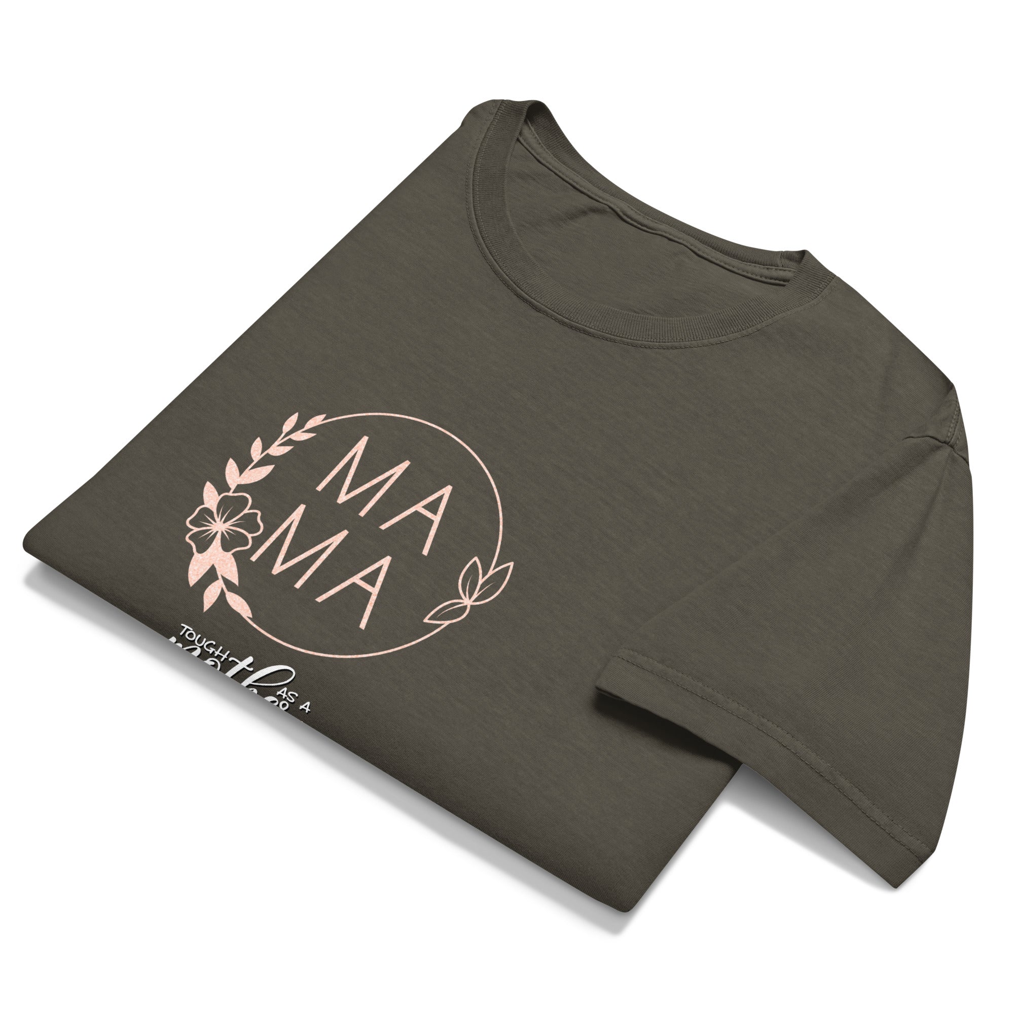 Folded dark grey t-shirt with 'MAMA' text and floral design on a white background
