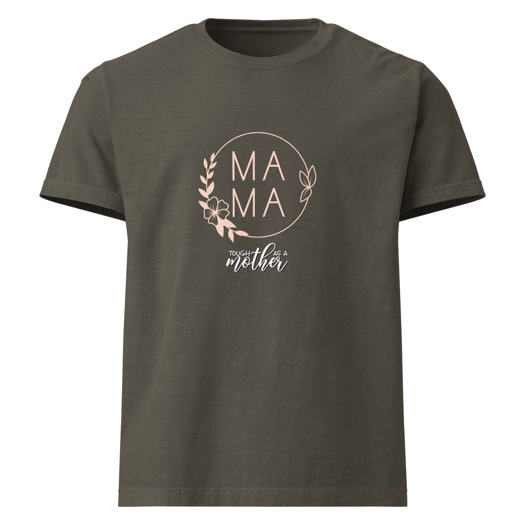 Dark grey t-shirt with 'MAMA' text and floral design on a white background