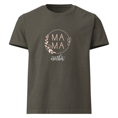 Dark grey t-shirt with 'MAMA' text and floral design on a white background