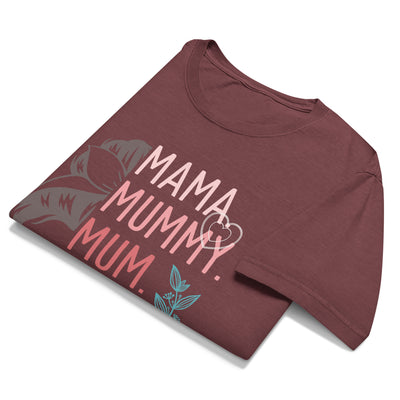 Folded maroon t-shirt with 'MAMA MUMMY MUM' text on a white background