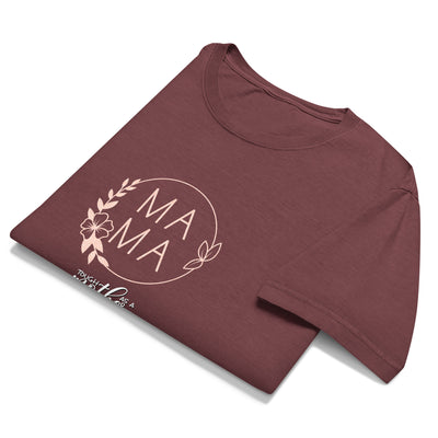 Folded maroon t-shirt with 'MAMA' print on a white background