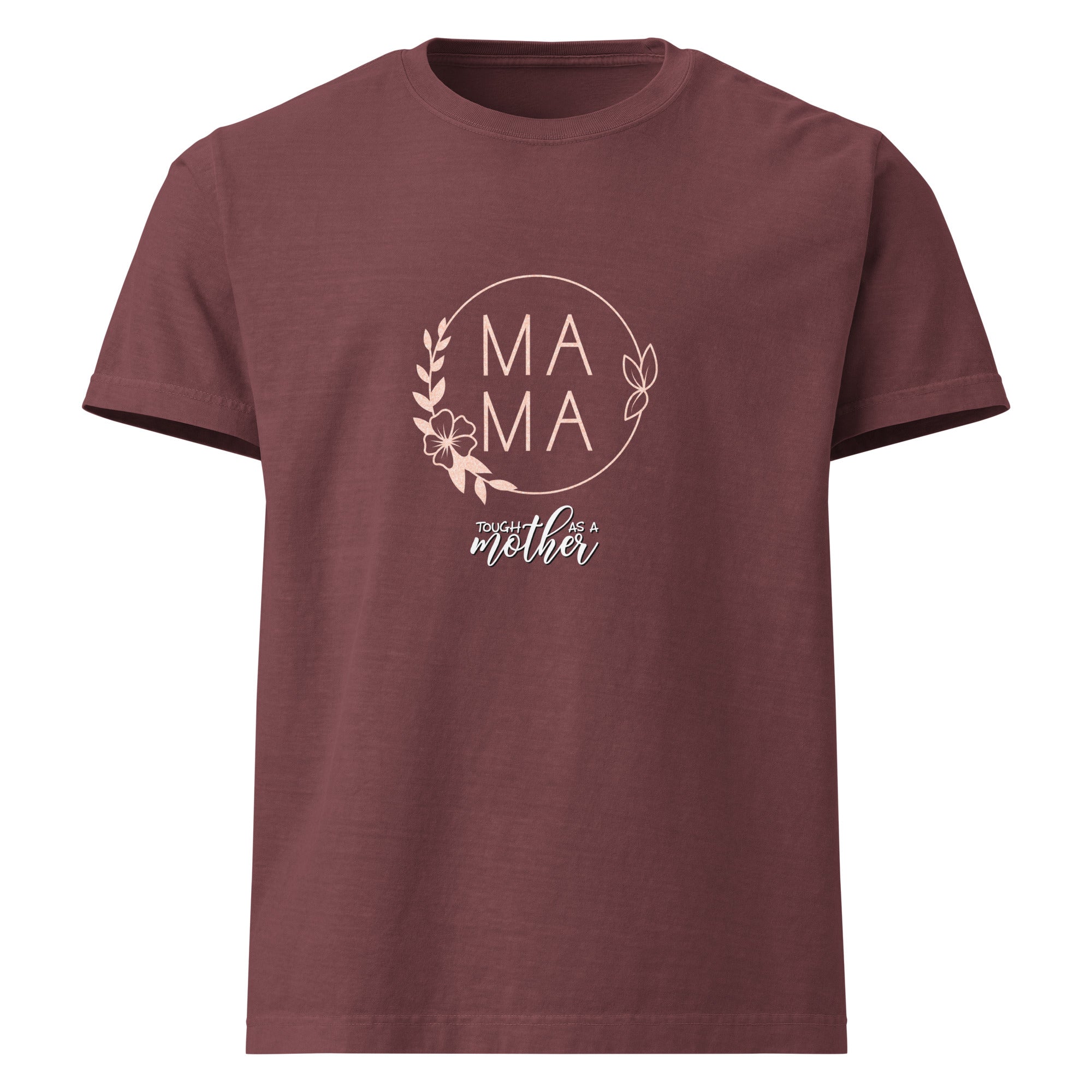 Maroon t-shirt with 'MAMA' text and floral design on a white background