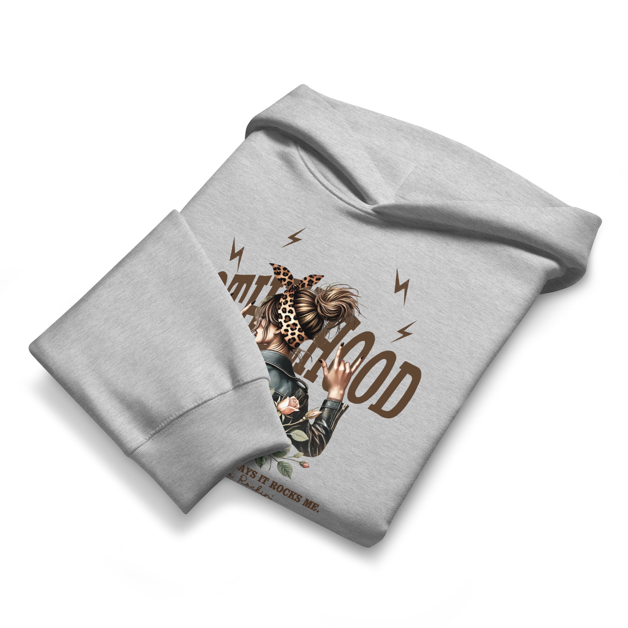 Gray hoodie with a graphic design on a white background